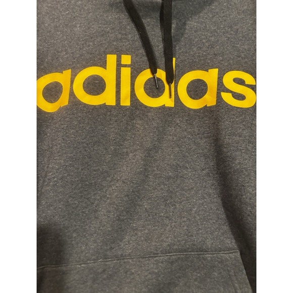 Adidas Hoodie Mens XL Essentials Three Yellow Striped Pullover Gray Sweatshirt - Picture 3 of 8